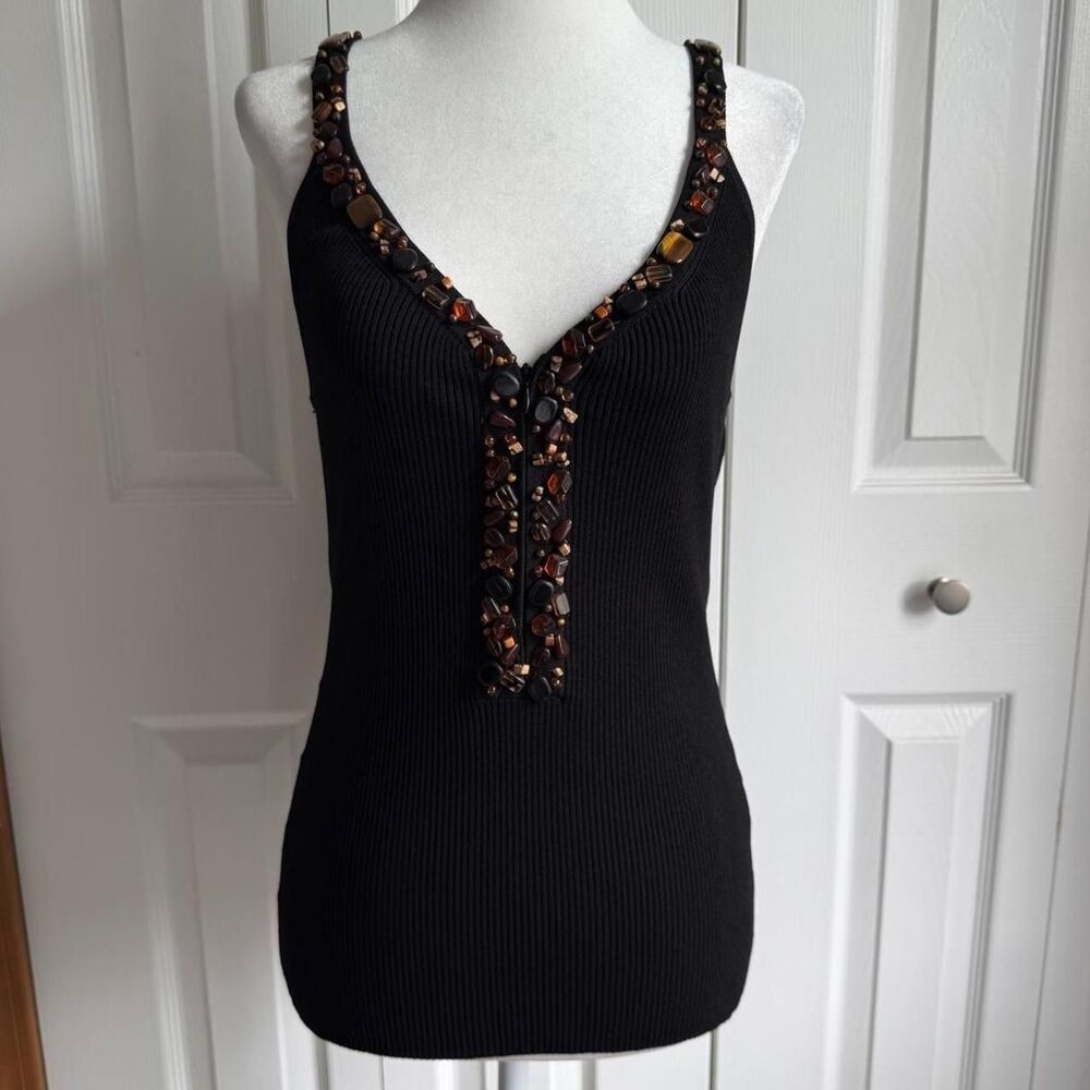 Vintage 90s Y2K black beaded zip up ribbed tank top size M by Cache